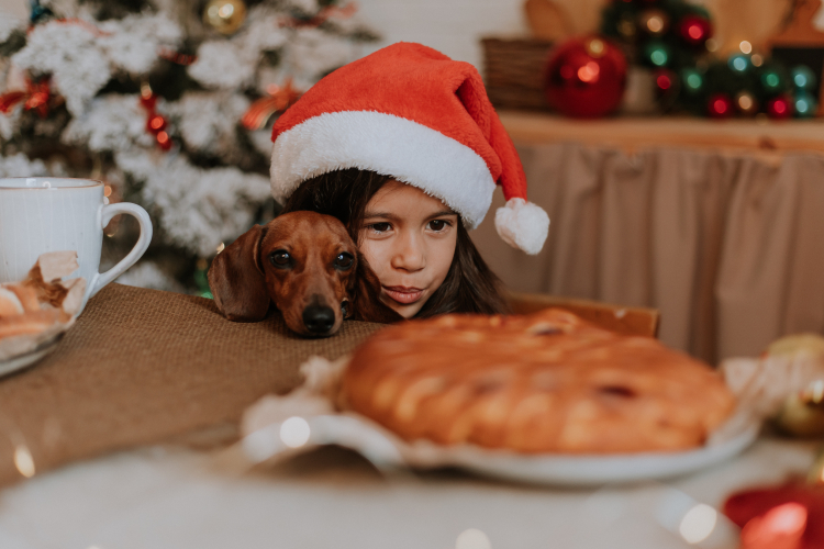 En flicka och en hund tittar på en kaka som ligger på ett bord